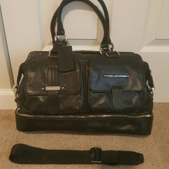 Piquadro Black Leather Duffle Bag Weekender - Picture 12 of 16